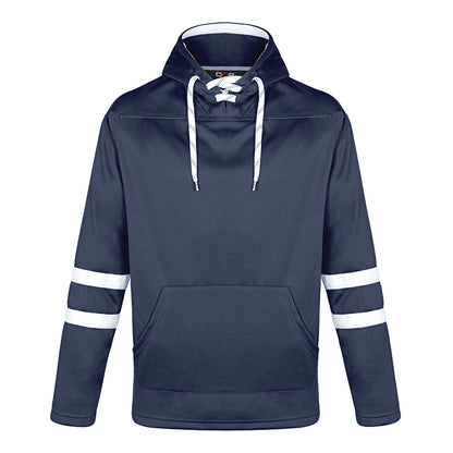 L00617 - Dangle - Adult Pullover Hockey Lace Hooded Sweatshirt - Navy/White / XS / Fleece