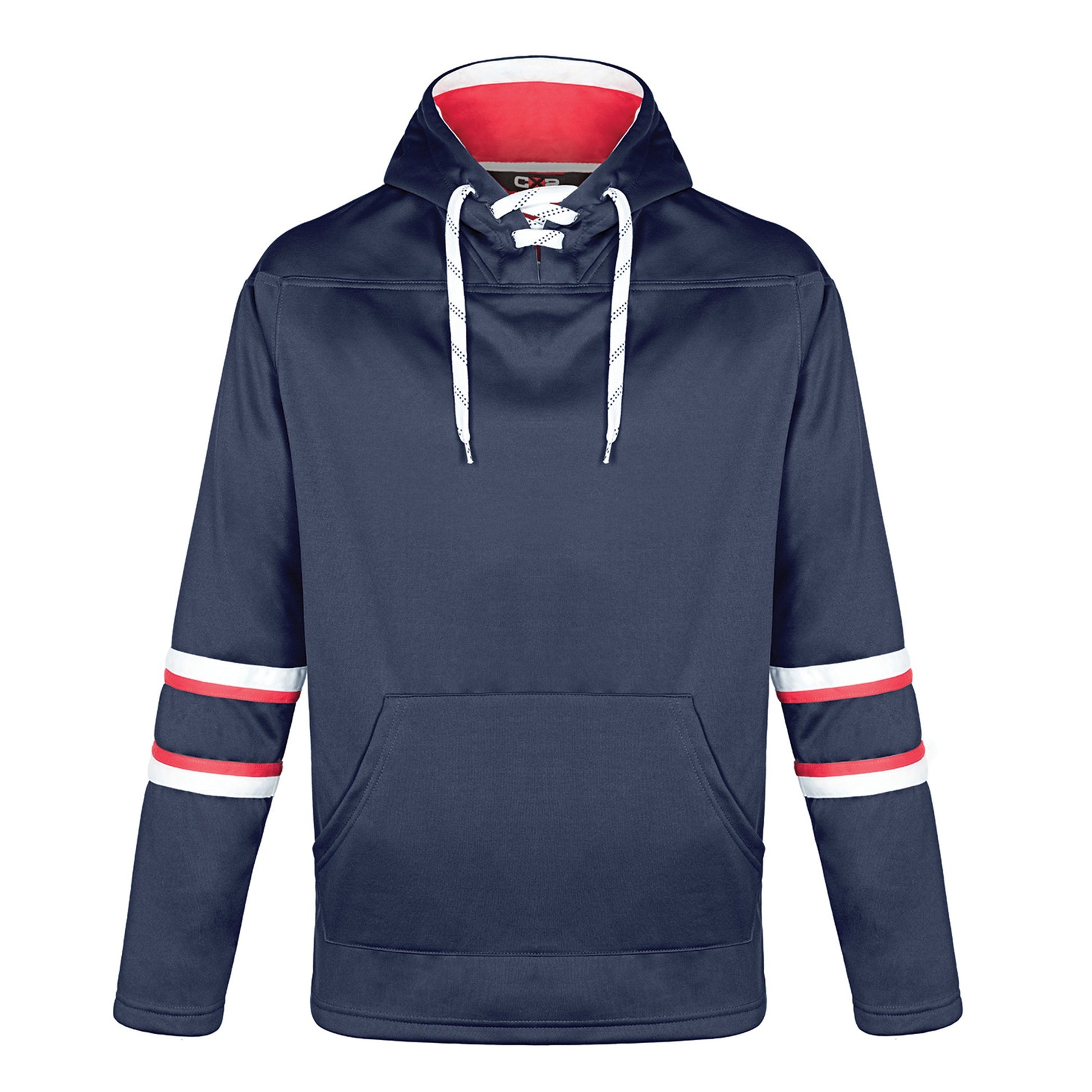 L00617 - Dangle - Adult Pullover Hockey Lace Hooded Sweatshirt - Navy/Red/White / XS / Fleece