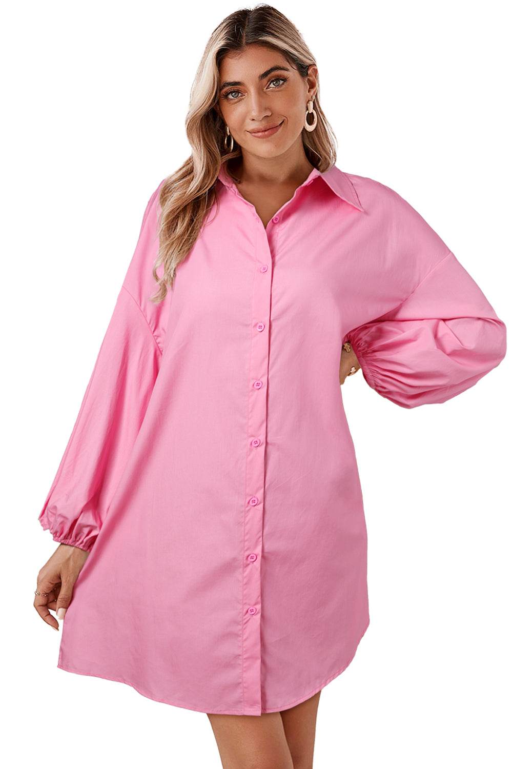 Bright Pink Plain Bishop Sleeve Button Up Shirt Dress