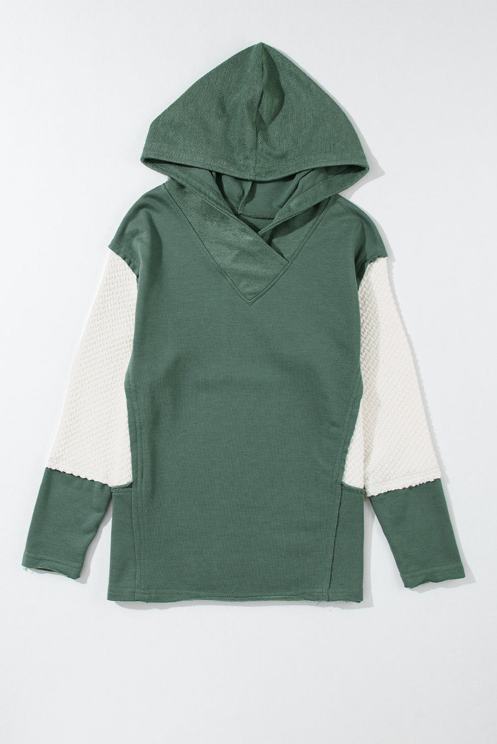 Chestnut Textured Splicing Sleeve Raw Hem Hoodie