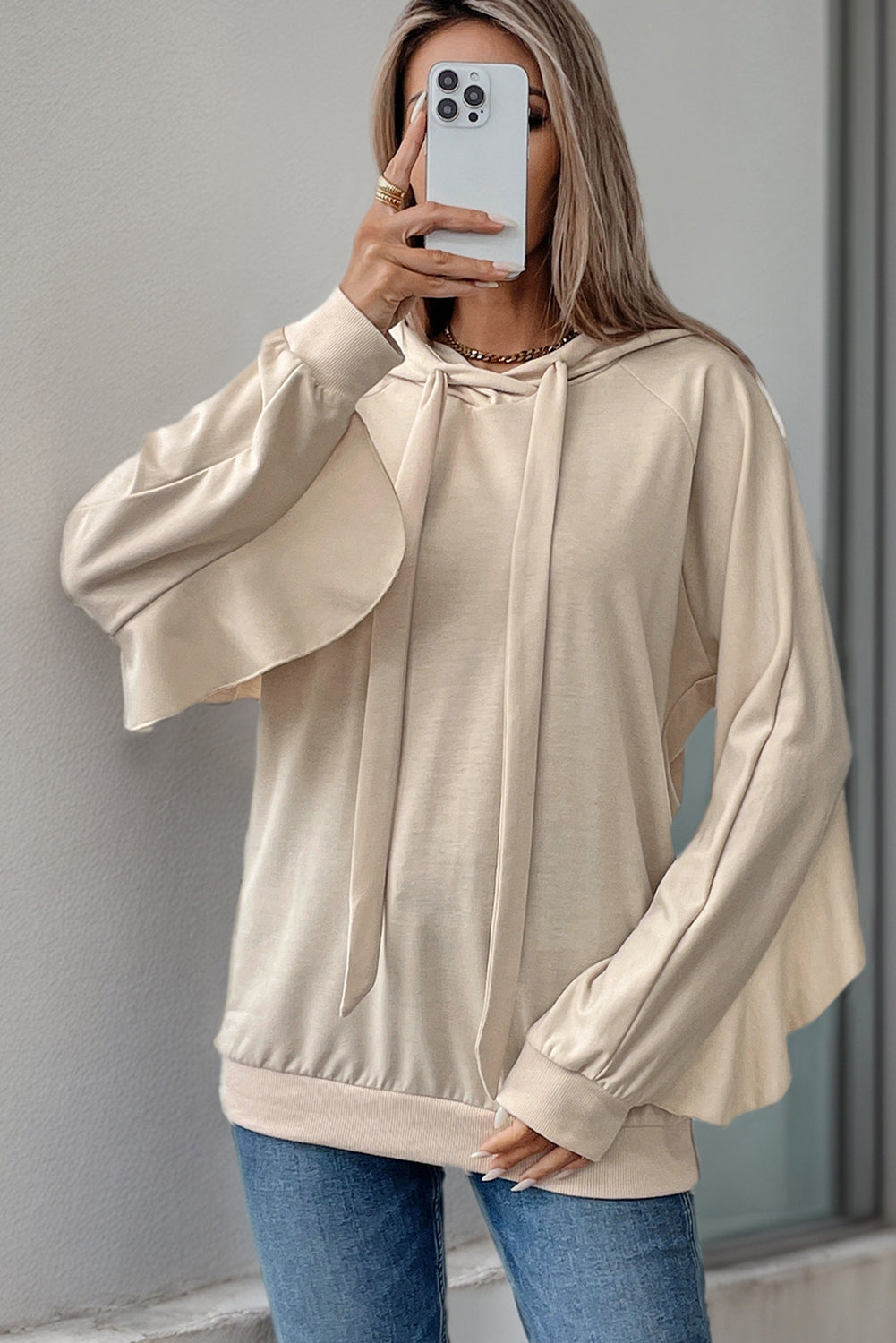 Beige Ruffle Edge Plain Drawstring Hoodie