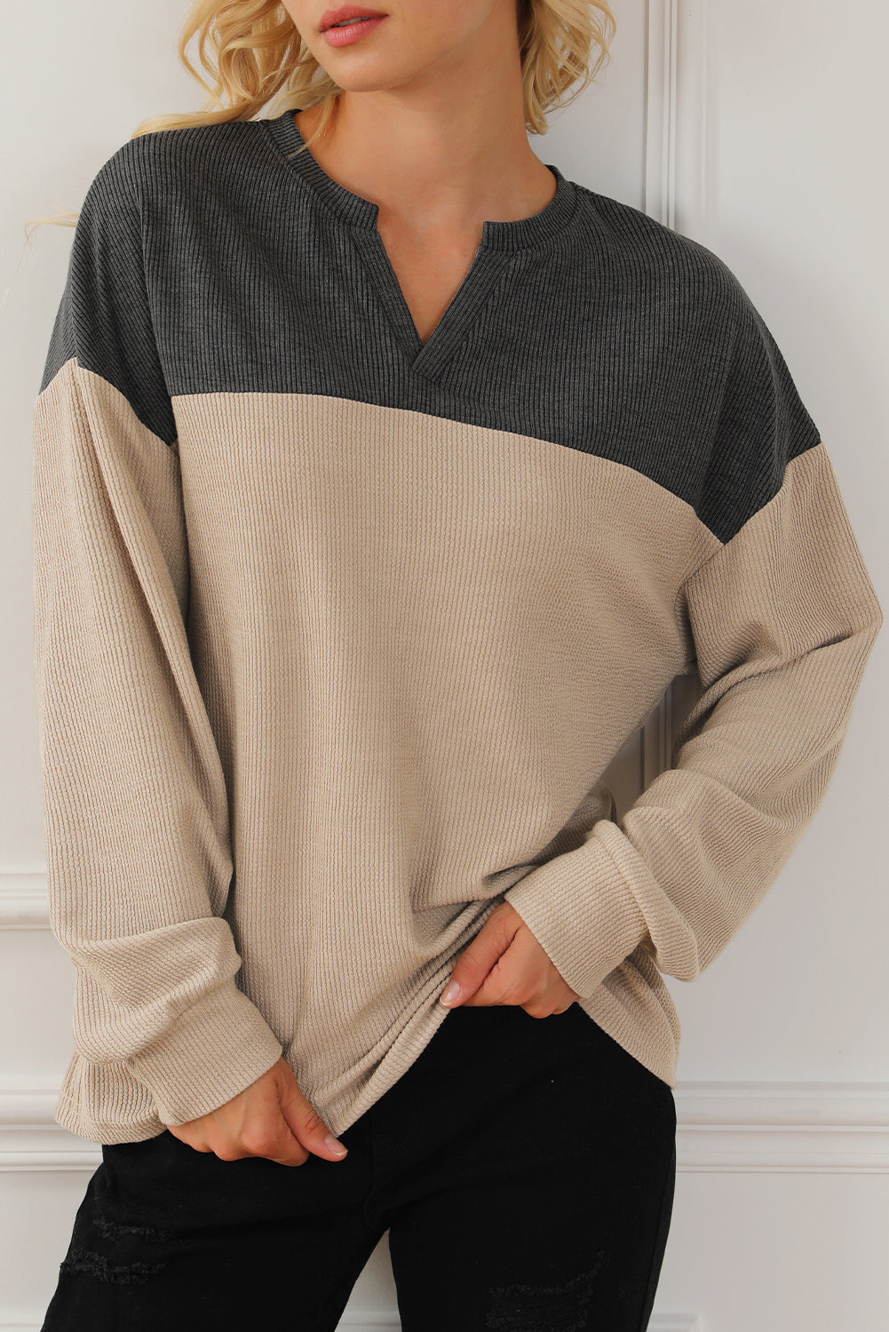 Carbon Grey Colorblock V Neck Corded Sweatshirt