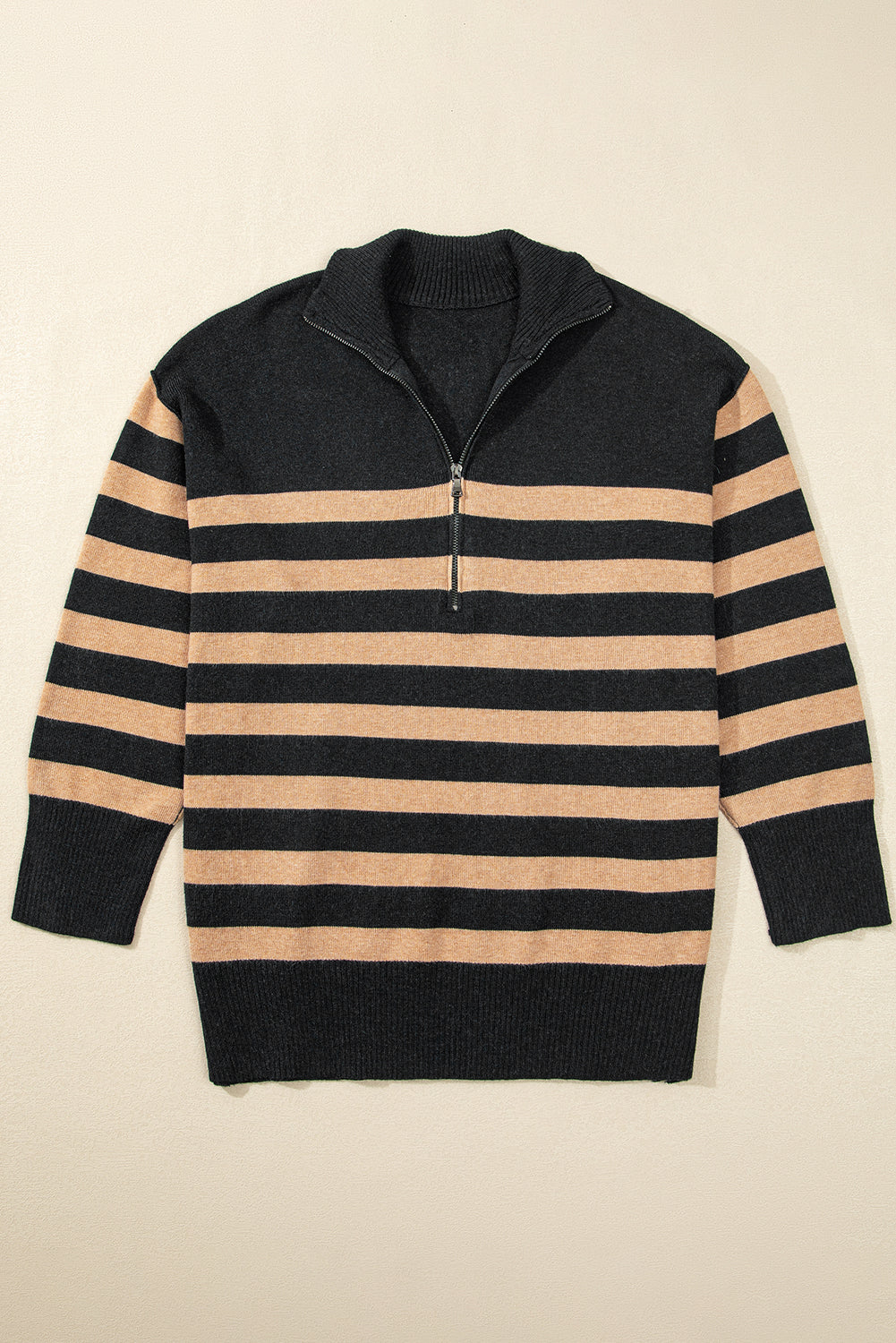 Black Striped Collared Quarter Zip Oversized Sweater