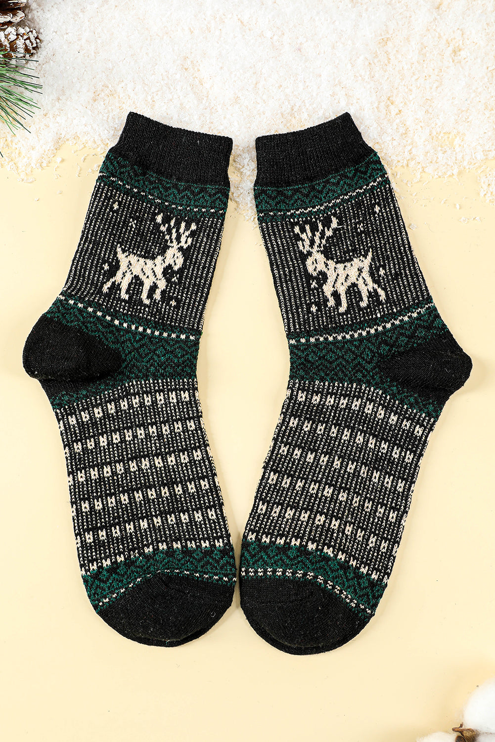 Blackish Green 5 Pairs Christmas Reindeer Soft Crew Socks