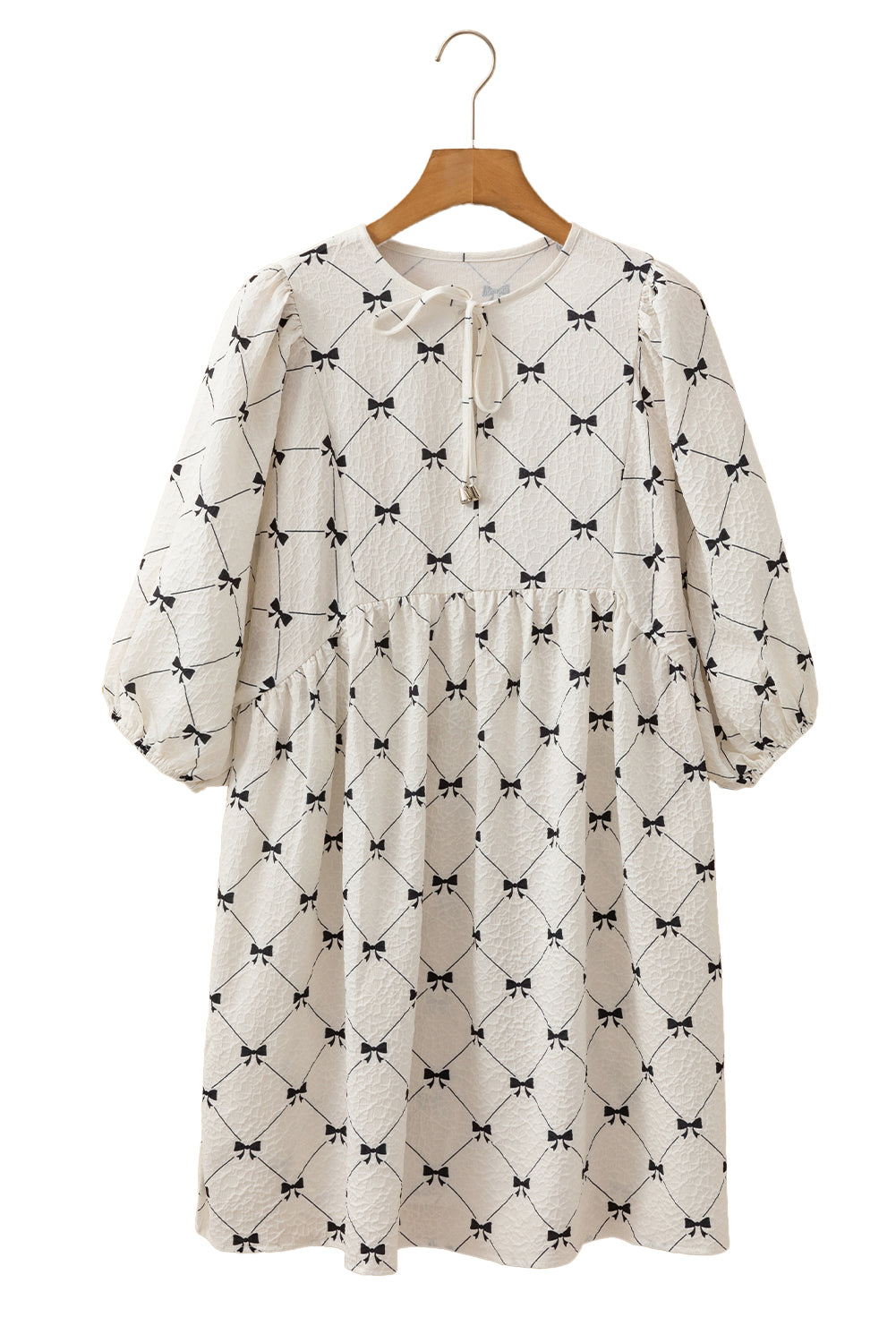 White Sweet Bow Print Lantern Sleeve Mini Dress