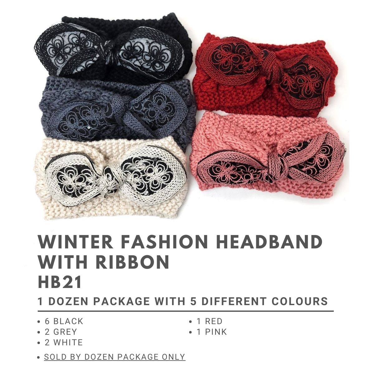 Winter Fashion Headband with Ribbon - HB21 Dozen Package - 6 Black 2Grey 2 White 1 Red pink