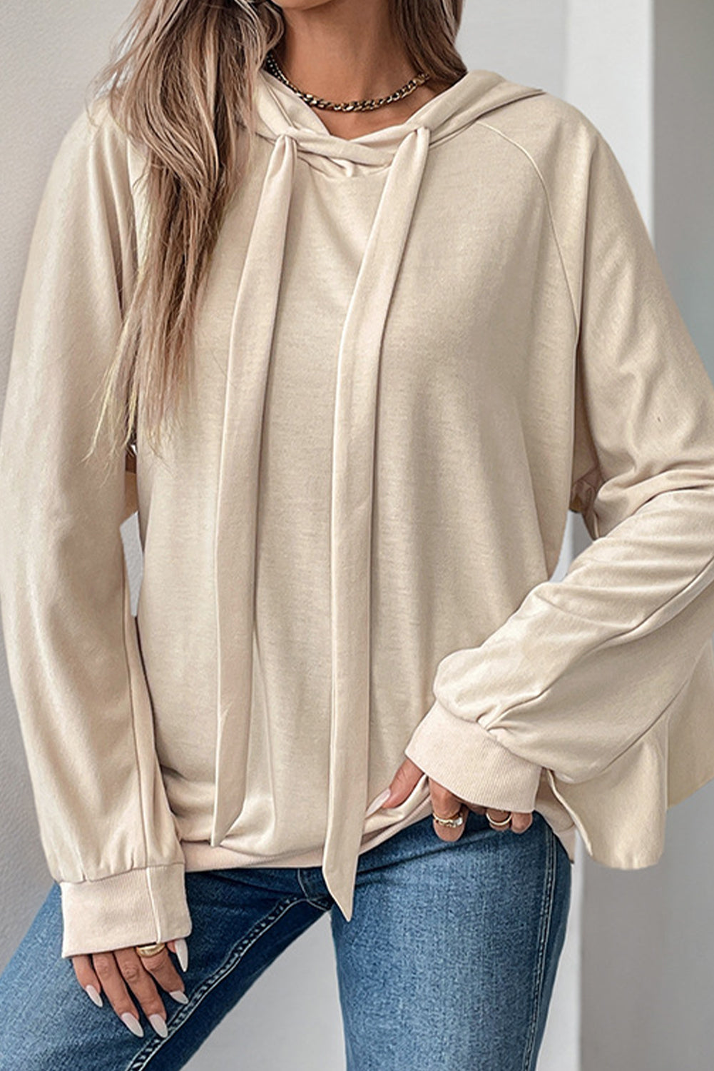 Beige Ruffle Edge Plain Drawstring Hoodie