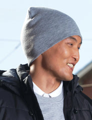 Gray knit acrylic beanie from H08005 Metro collection with cart button for easy purchase