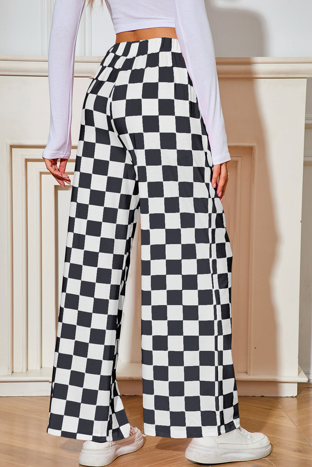 Black Checkered Print High Waist Wide Leg Pants