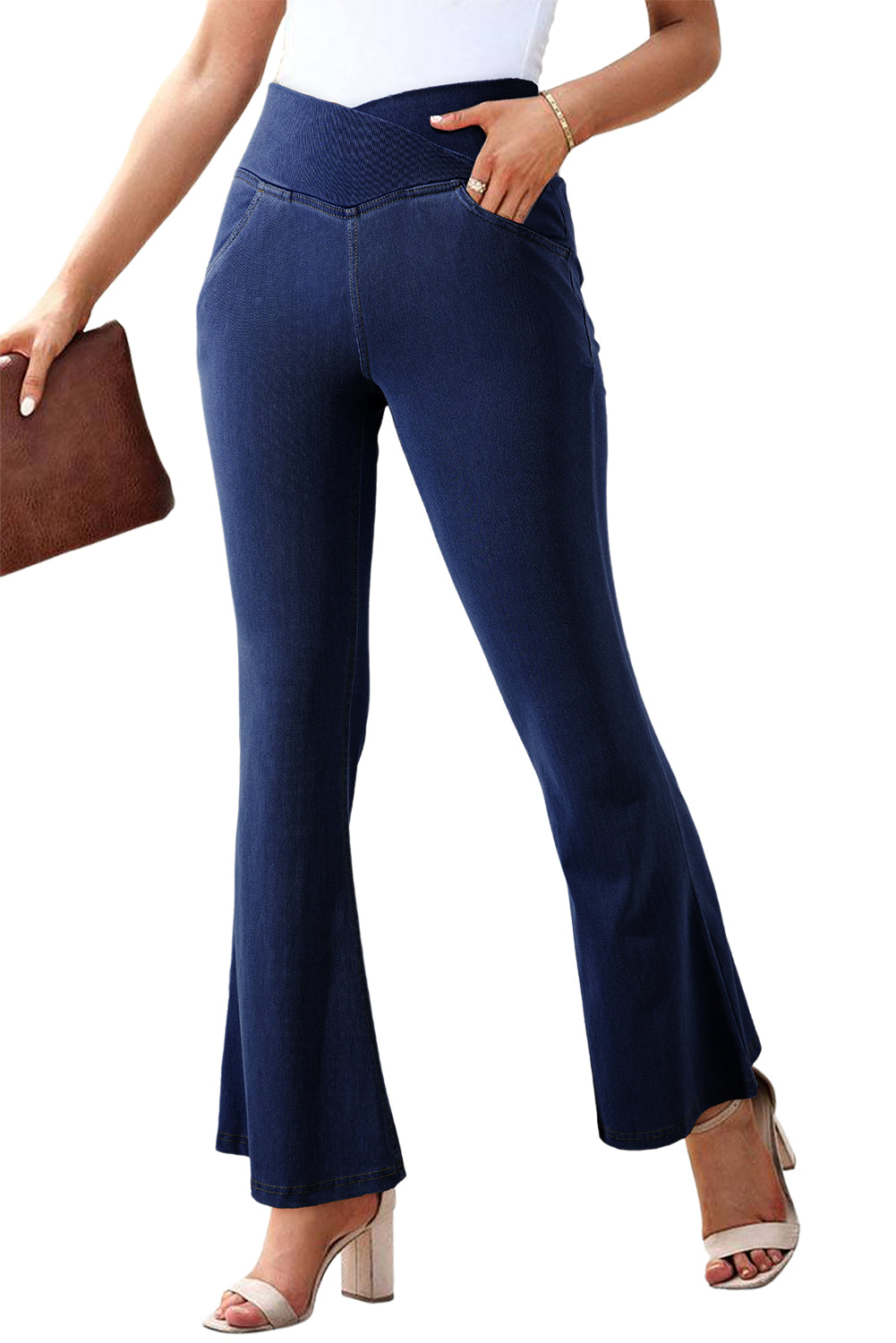 Dusk Blue Solid Crossed High Waist Fit Flare Jeans