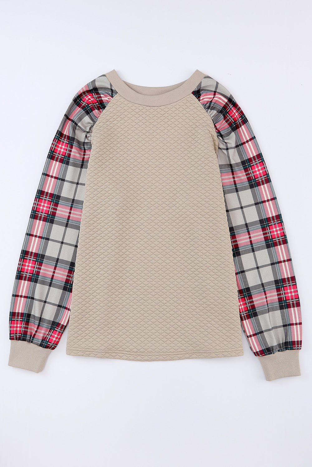 Apricot Plaid Print Quilted Raglan Sleeve Sweatshirt