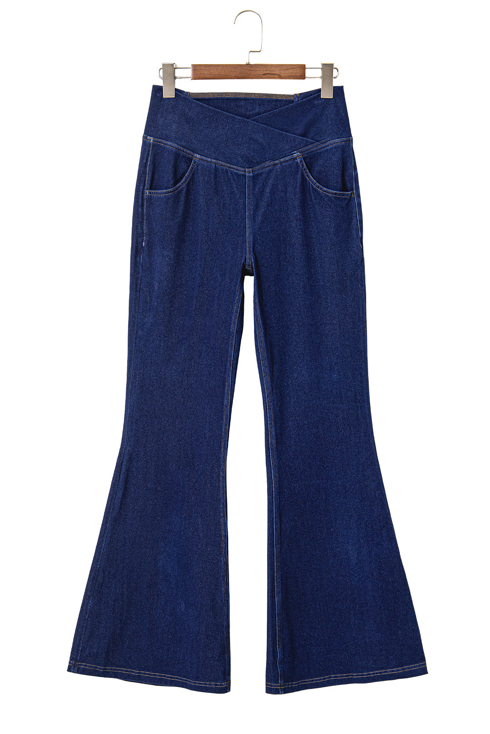 Dusk Blue Solid Crossed High Waist Fit Flare Jeans