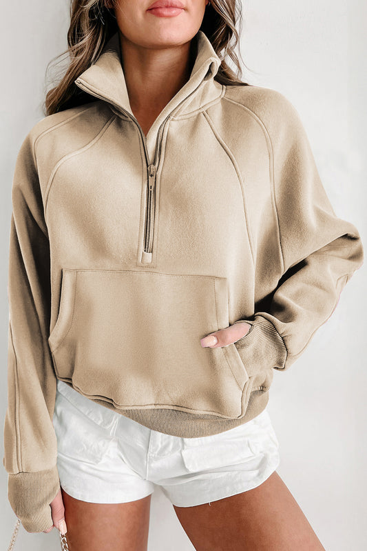 Black Zip Up Stand Collar Ribbed Thumbhole Sleeve Sweatshirt