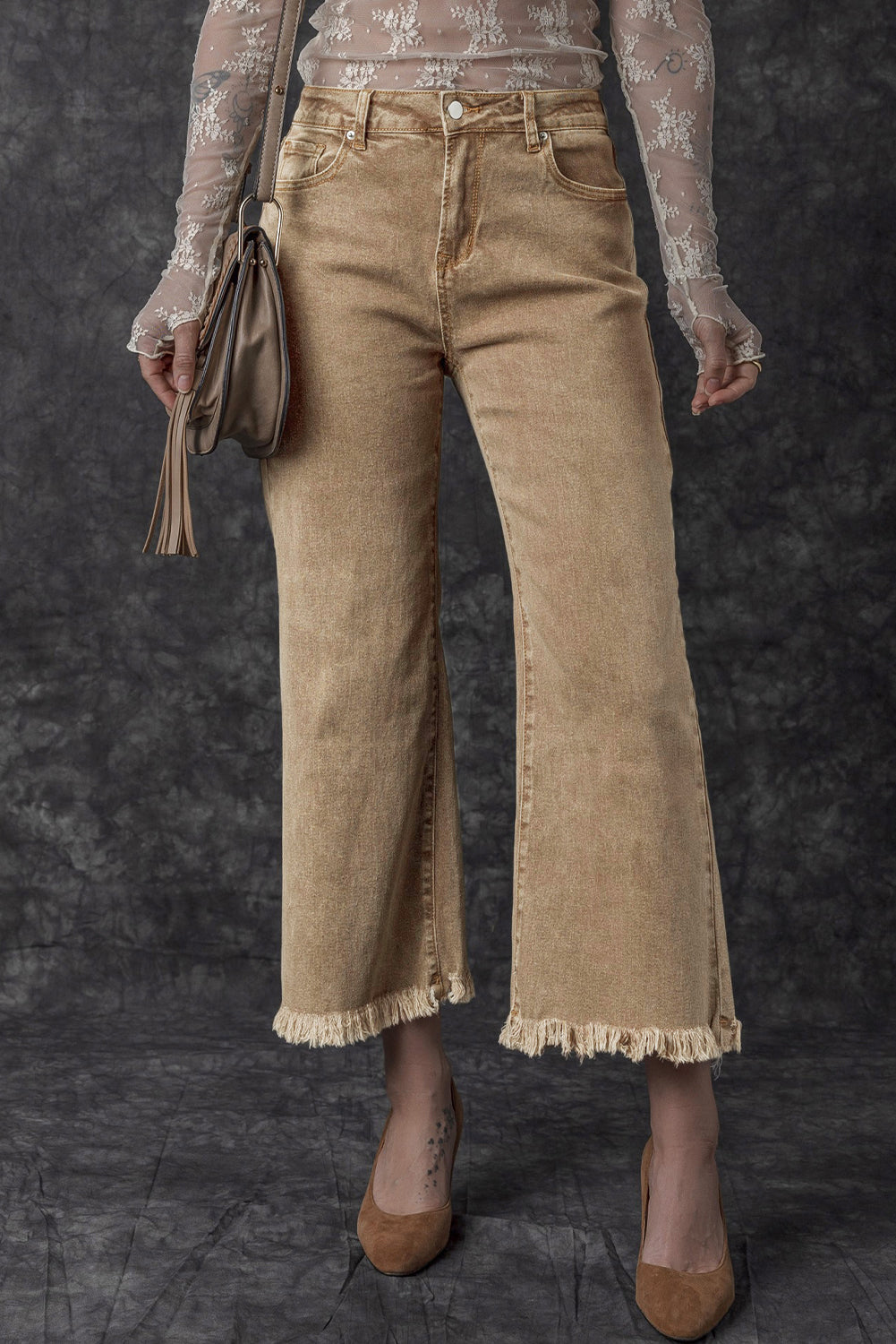 Light French Beige Acid Washed High Rise Cropped Jeans