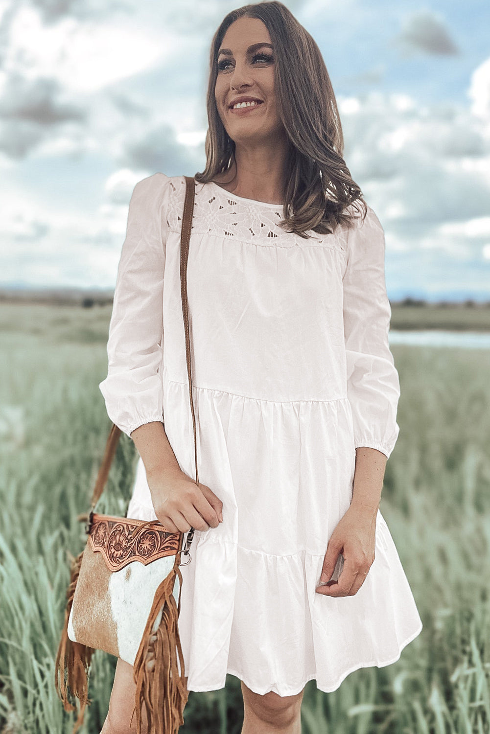 White Floral Lace Yoke Bracelet Sleeve Tiered Mini Dress