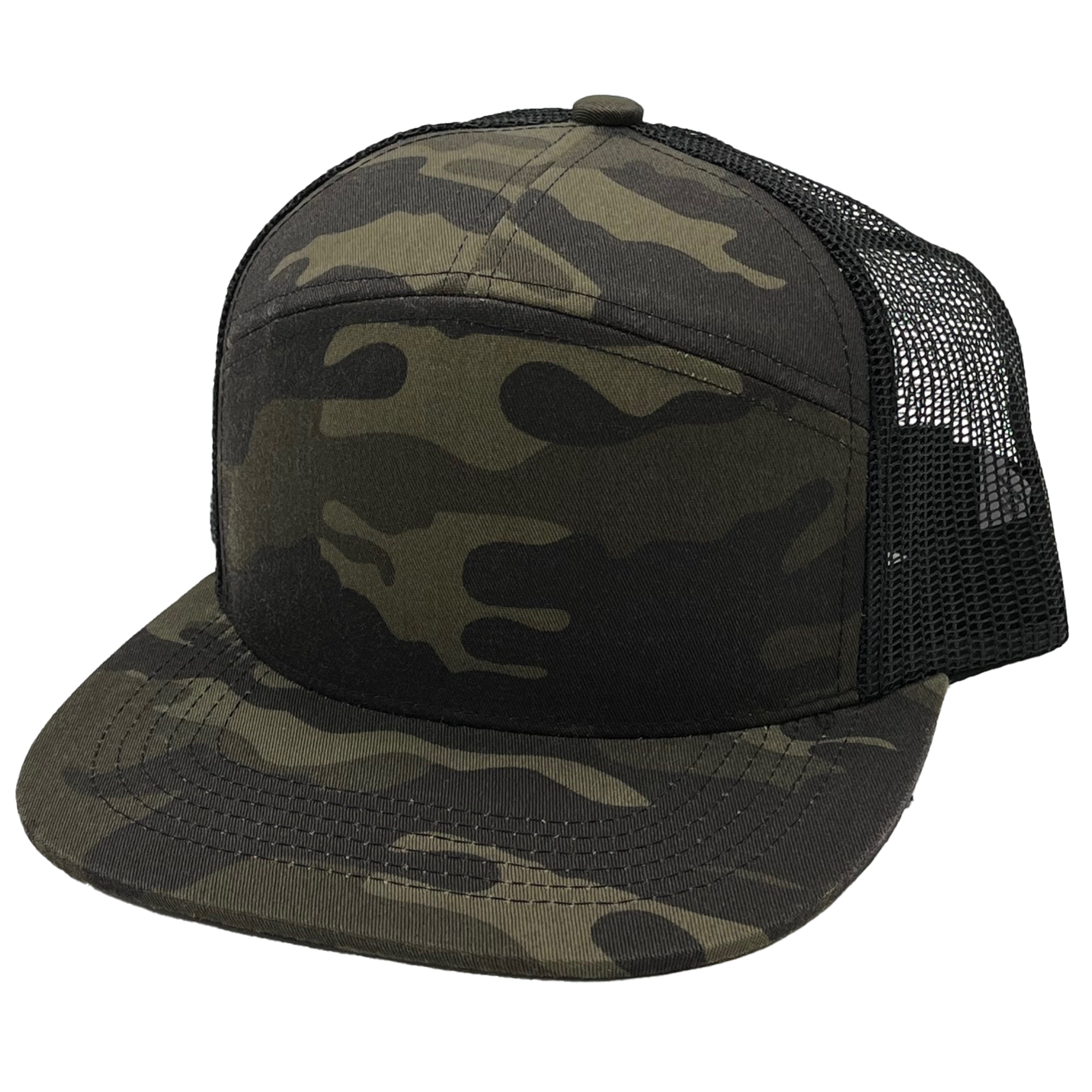 GNV-7005M - 7 Panels Mesh Flat Bill Cap - Camo Black / One Size - CAPS