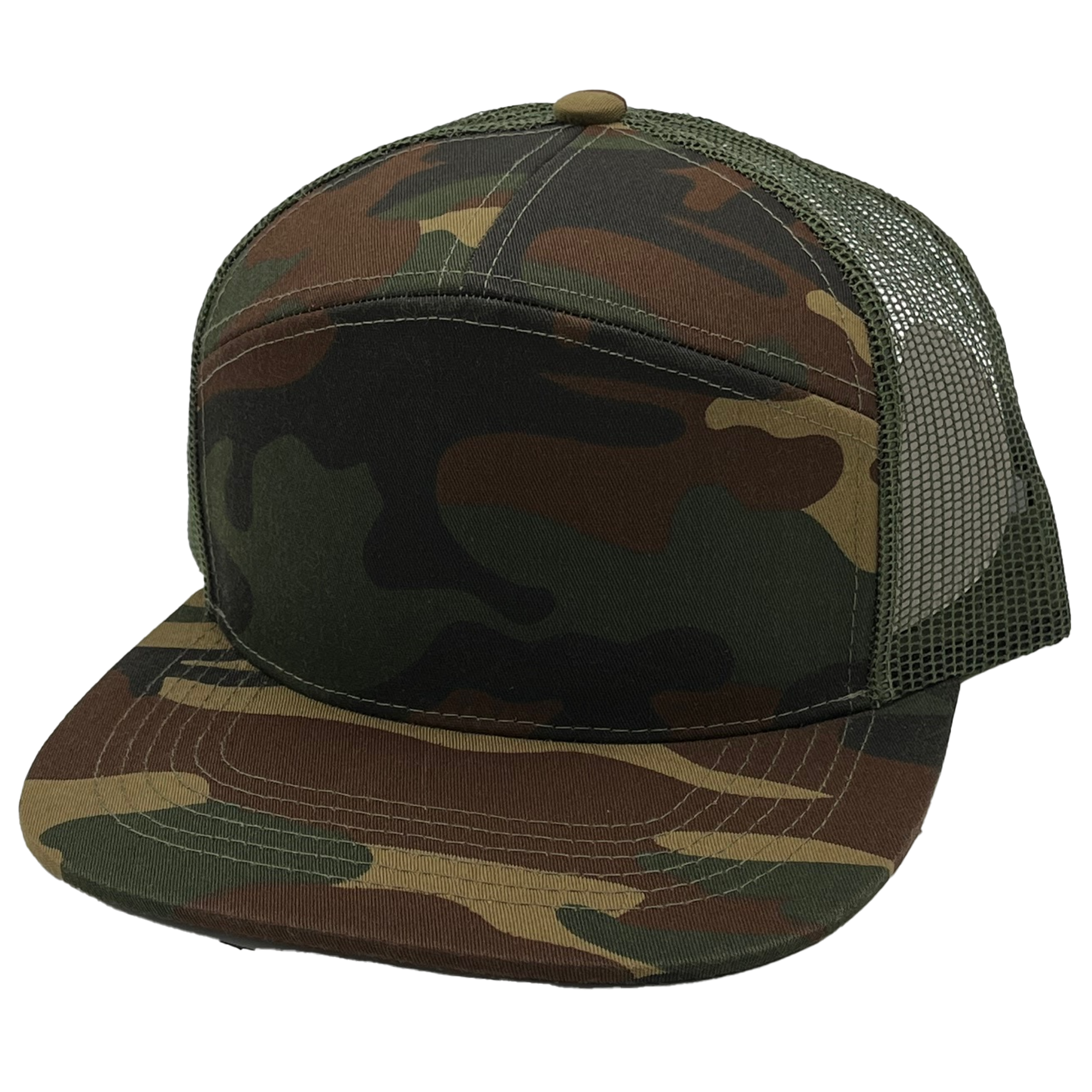 GNV-7005M - 7 Panels Mesh Flat Bill Cap - Camo Green Olive / One Size - CAPS