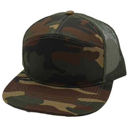 GNV-7005M - 7 Panels Mesh Flat Bill Cap - Camo Green Olive / One Size - CAPS