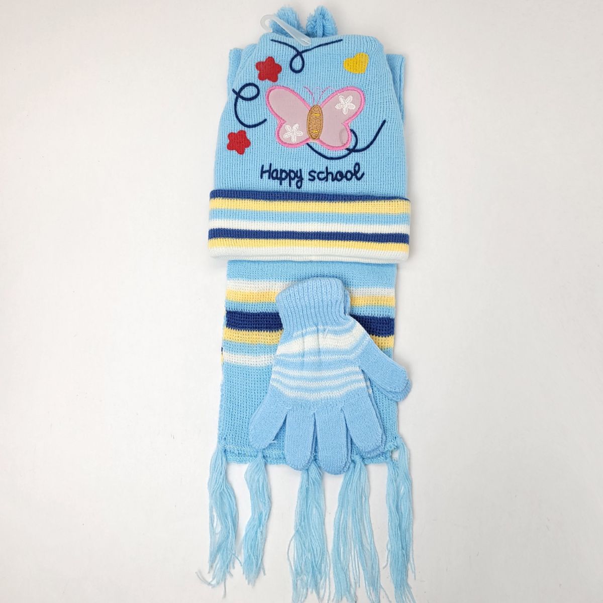 Toddler - Happy School 3 pieces set Multi-Coloured - Sky Blue / Character Knit Toque Set