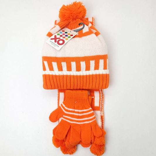 Toddler - XO 3 pieces set Winter Pom Beanie Mittens and scarf Orange - Character Knit Toque Set