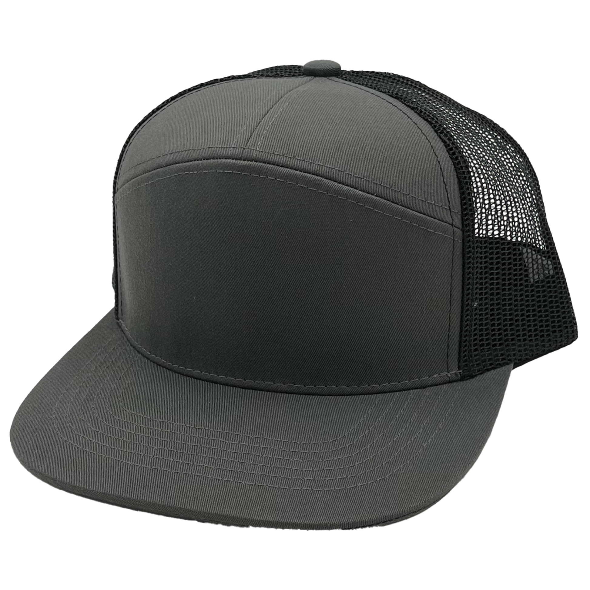 GNV-7005M - 7 Panels Mesh Flat Bill Cap - Charcoal Black / One Size - CAPS