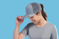 Gray trucker hat with panel flat peak and flat peak snap for stylish comfort