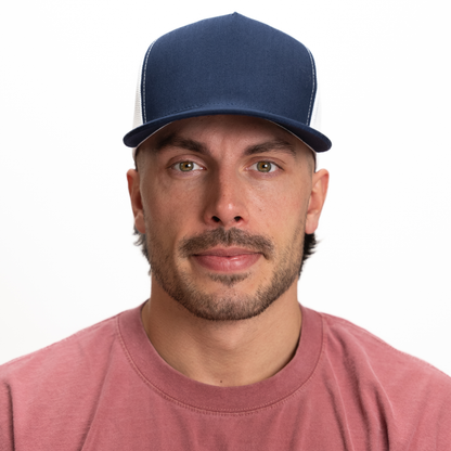 GNV-017M - 5 Panels Round Flat Bill Mesh Snapback Cap - CAPS