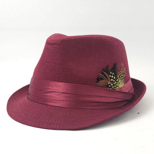 Fedora Hat - Wool Blended with Feather Multi-Coloured S/M & L/XL - Burgundy
