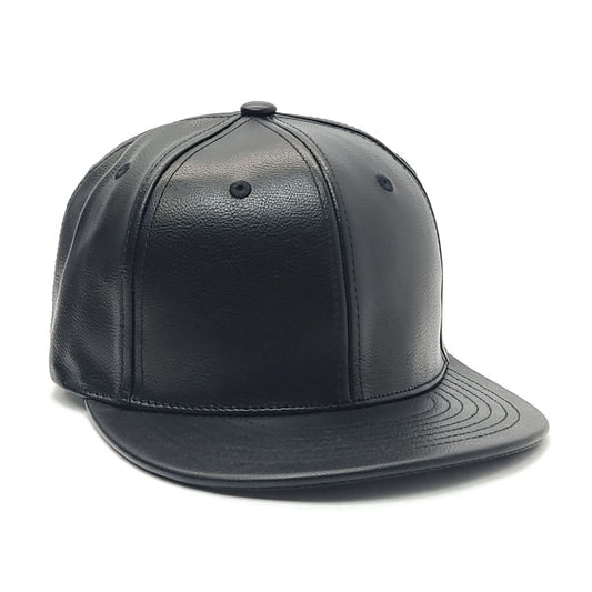 Plain PU Leather Snapback Cap-KNW1505 Black - OSFA - Cap