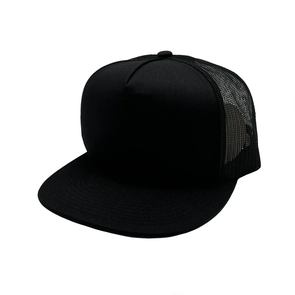 GNV-017M - 5 Panels Round Flat Bill Mesh Snapback Cap - Black / One Size - CAPS
