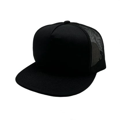 GNV-017M - 5 Panels Round Flat Bill Mesh Snapback Cap - Black / One Size - CAPS