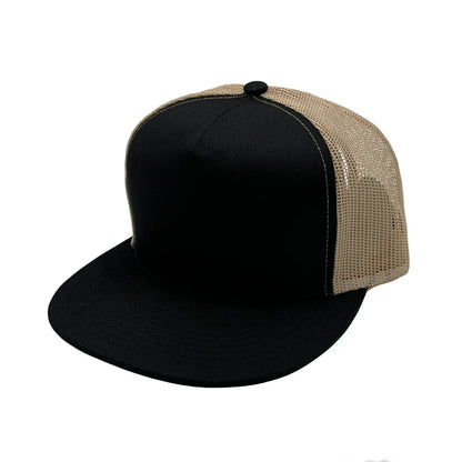 GNV-017M - 5 Panels Round Flat Bill Mesh Snapback Cap - Black Khaki / One Size - CAPS
