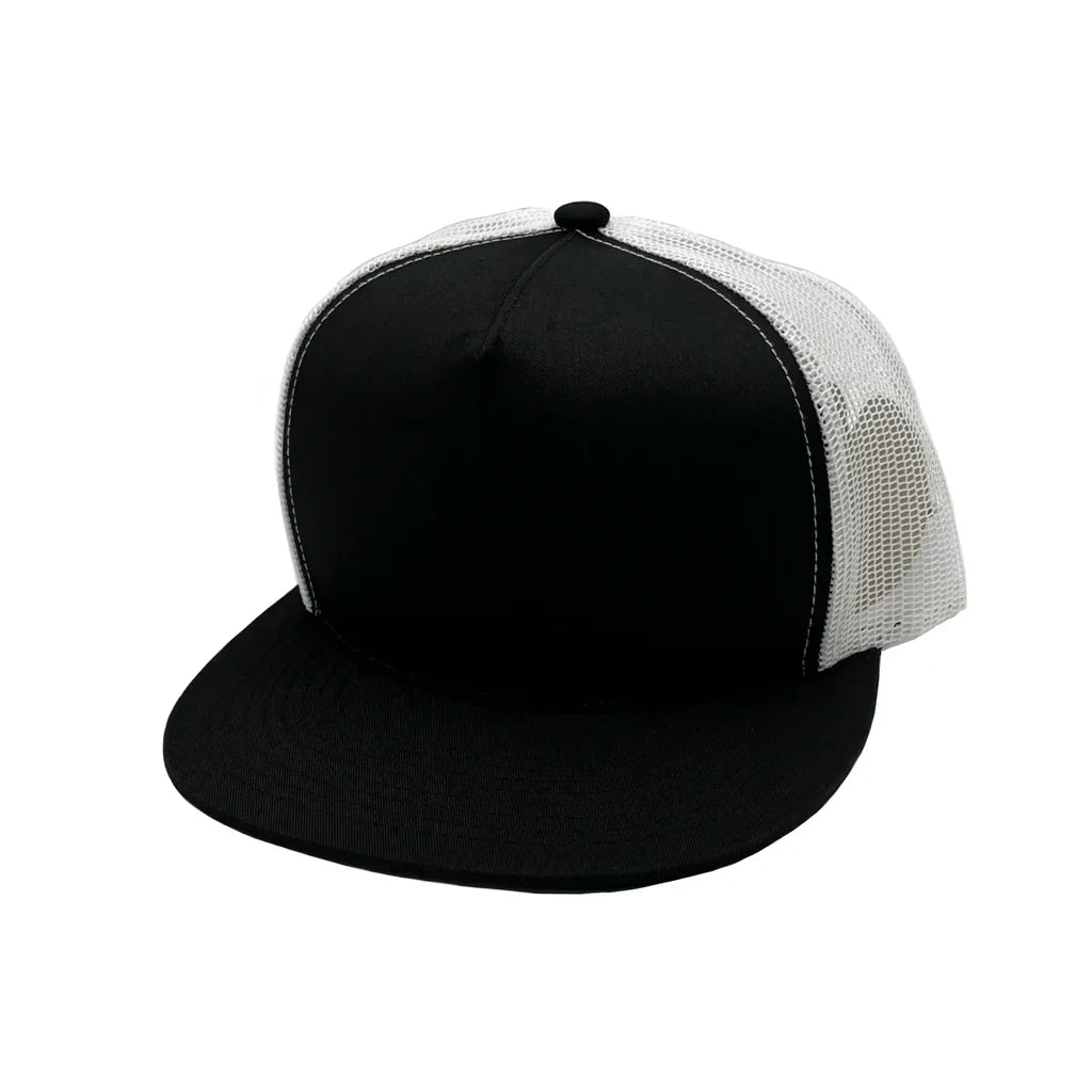 GNV-017M - 5 Panels Round Flat Bill Mesh Snapback Cap - Black White / One Size - CAPS