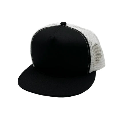 GNV-017M - 5 Panels Round Flat Bill Mesh Snapback Cap - Black White / One Size - CAPS