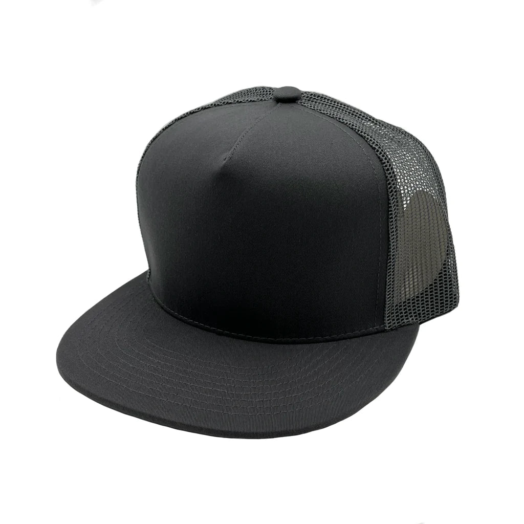GNV-017M - 5 Panels Round Flat Bill Mesh Snapback Cap - Dark Grey / One Size - CAPS