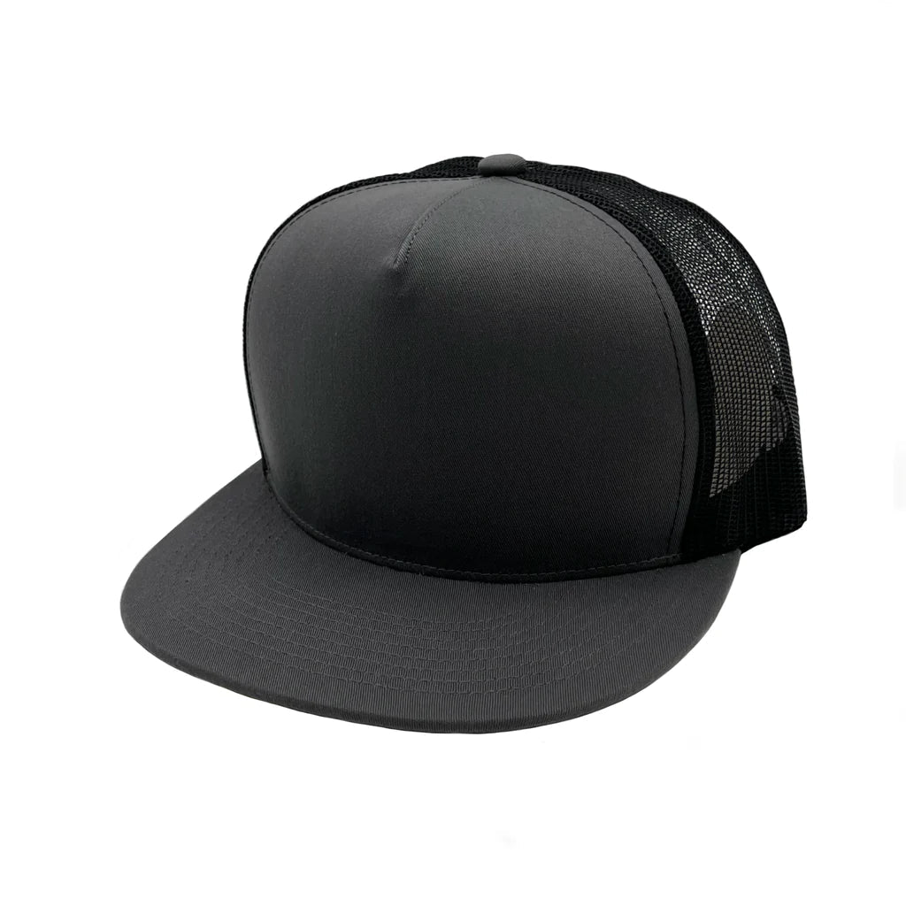 GNV-017M - 5 Panels Round Flat Bill Mesh Snapback Cap - Dark Grey Black / One Size - CAPS