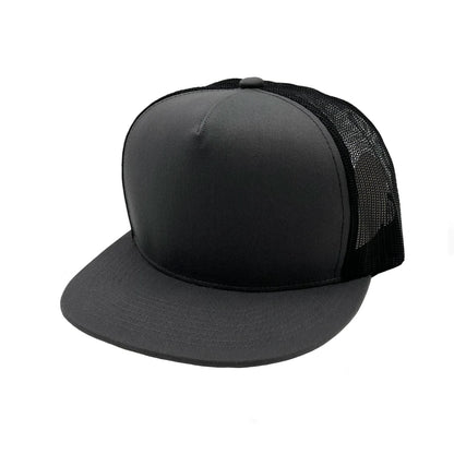 GNV-017M - 5 Panels Round Flat Bill Mesh Snapback Cap - Dark Grey Black / One Size - CAPS