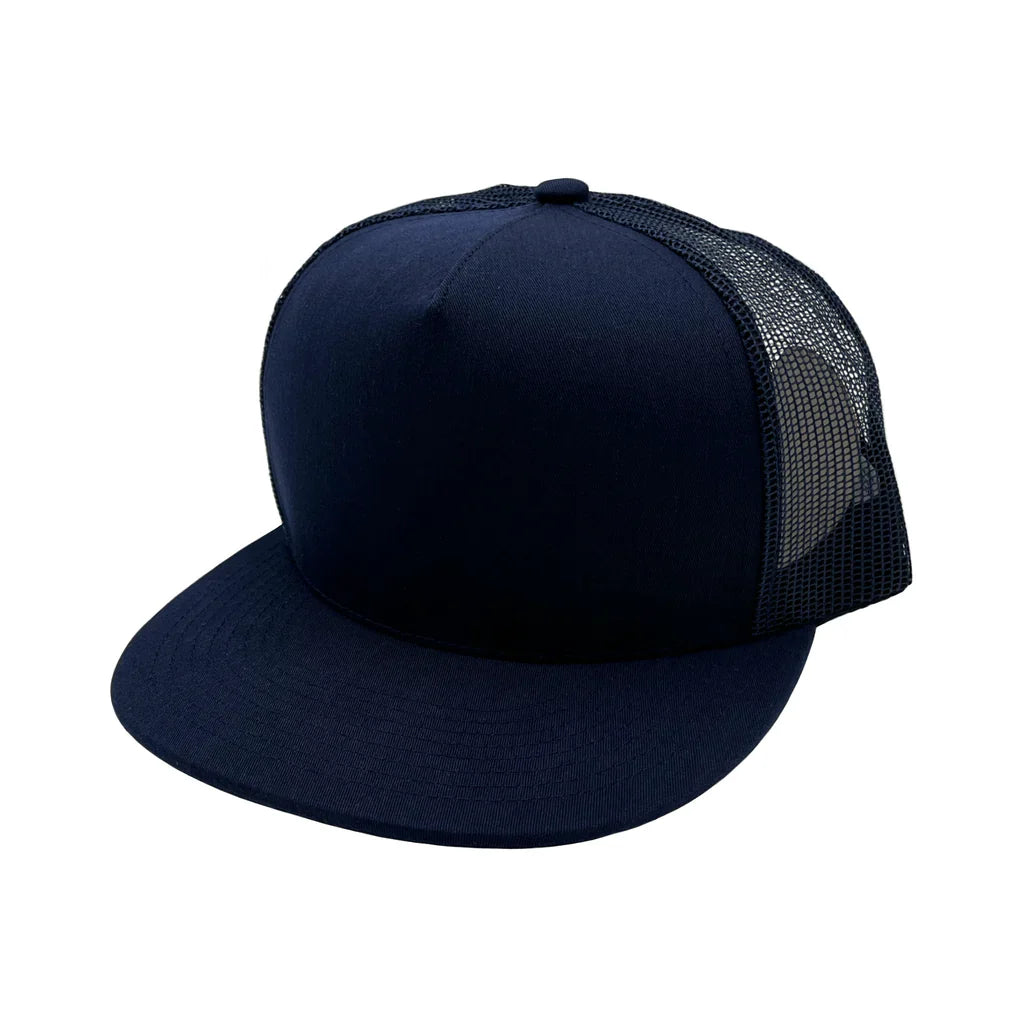 GNV-017M - 5 Panels Round Flat Bill Mesh Snapback Cap - Navy / One Size - CAPS