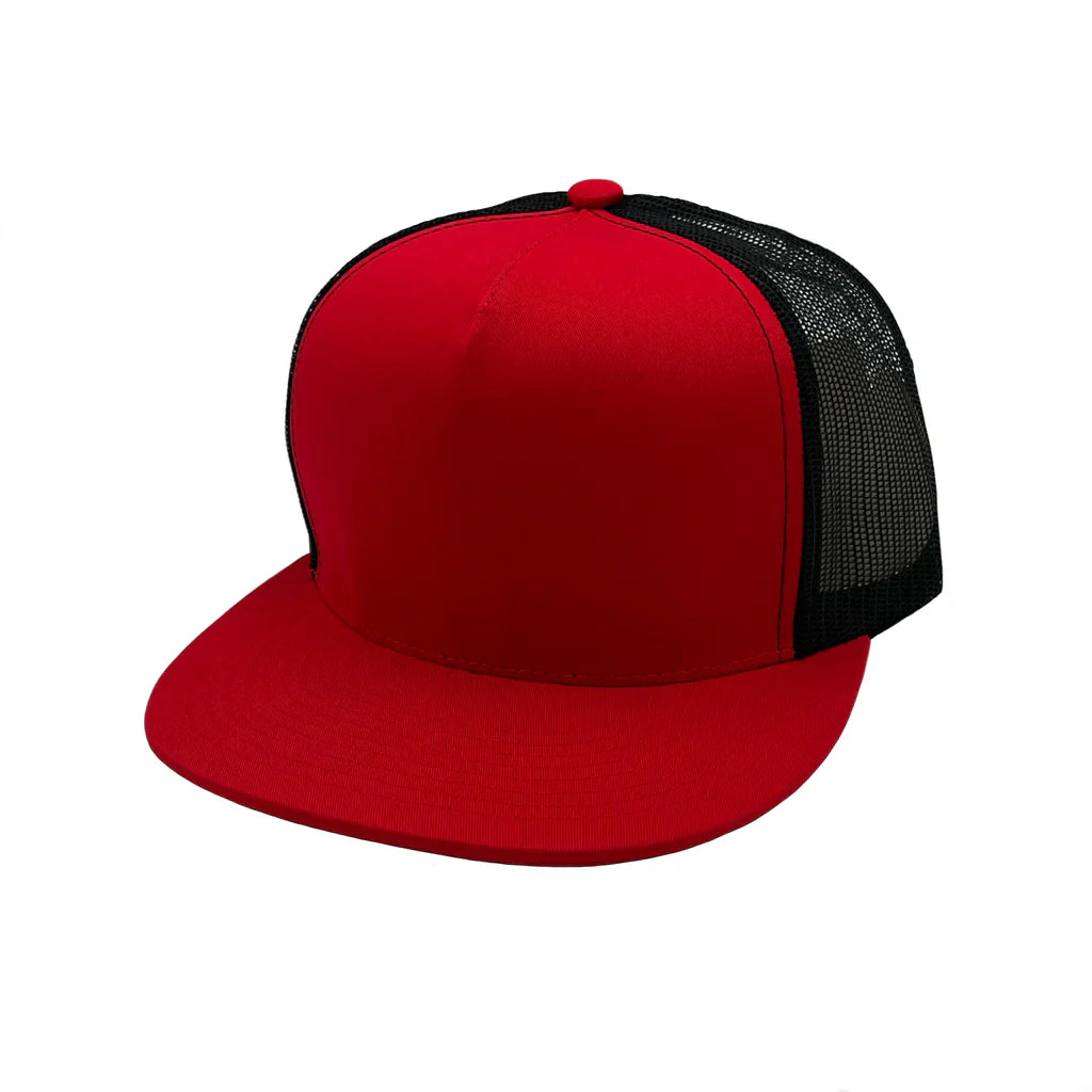 GNV-017M - 5 Panels Round Flat Bill Mesh Snapback Cap - Red Black / One Size - CAPS