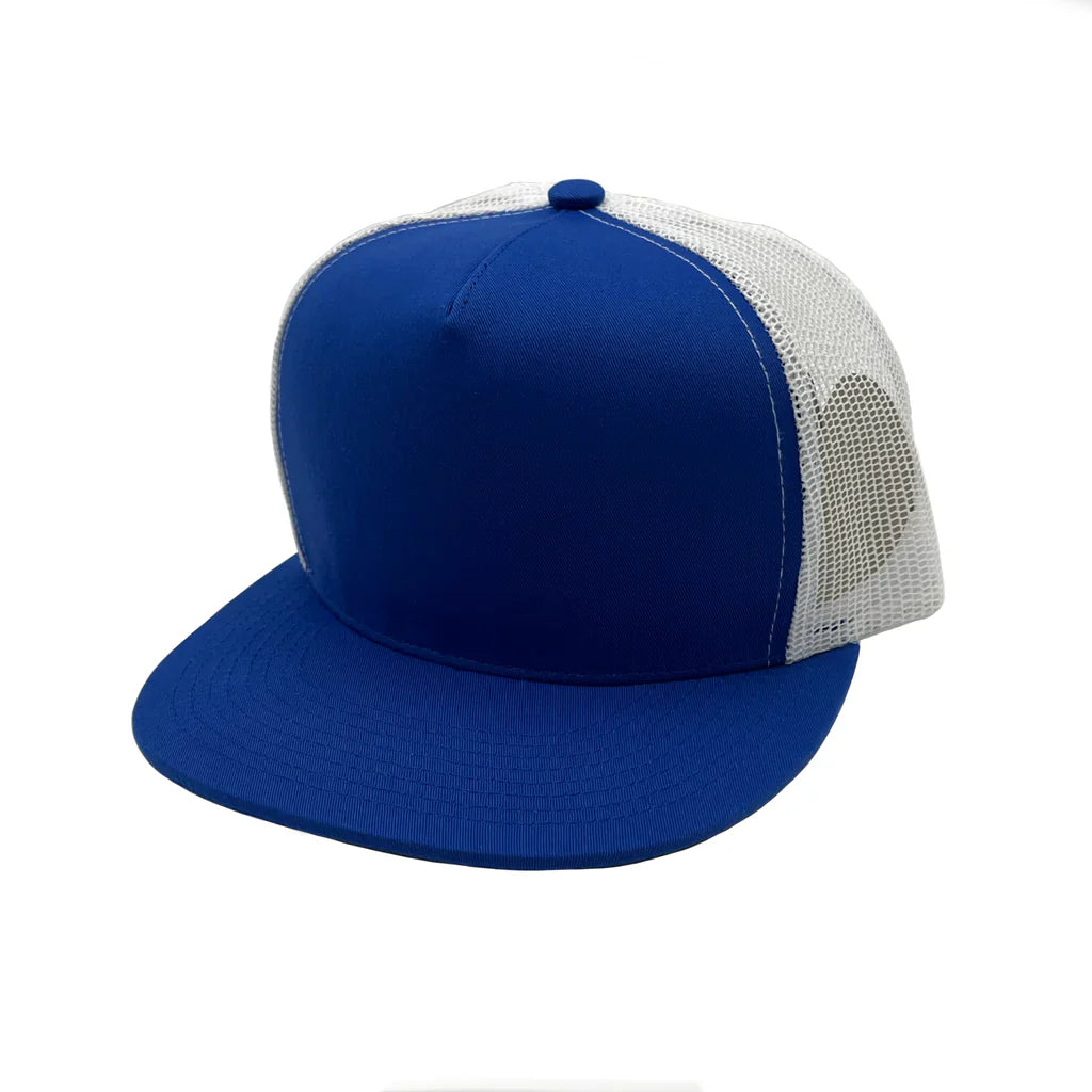 GNV-017M - 5 Panels Round Flat Bill Mesh Snapback Cap - White Royal / One Size - CAPS