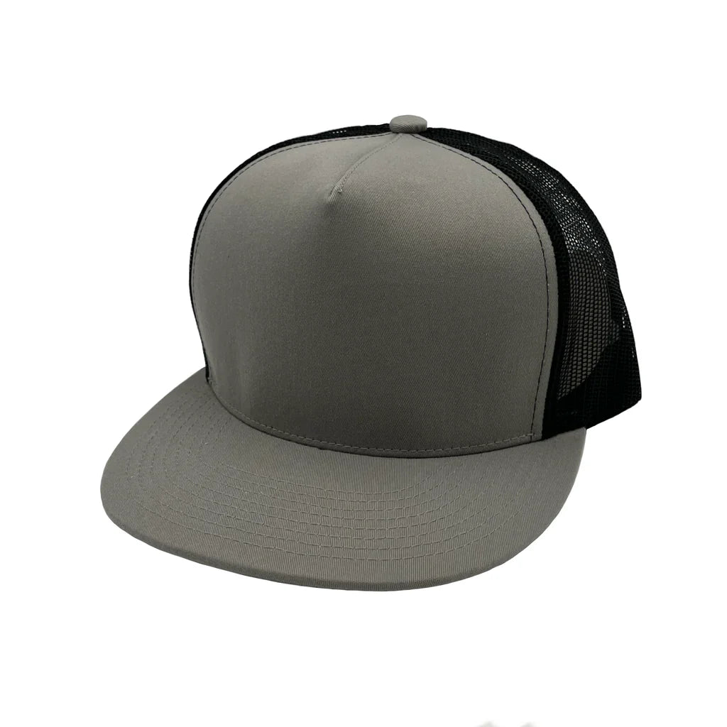 GNV-017M - 5 Panels Round Flat Bill Mesh Snapback Cap - Silver Black / One Size - CAPS