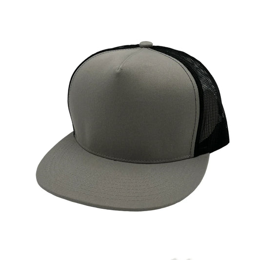 GNV-017M - 5 Panels Round Flat Bill Mesh Snapback Cap