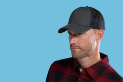 Gray and black trucker cap with snap back closure, perfect for trucker cap enthusiasts
