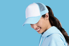 Two-tone trucker cap with foam snap back, ideal for casual apparel shopping
