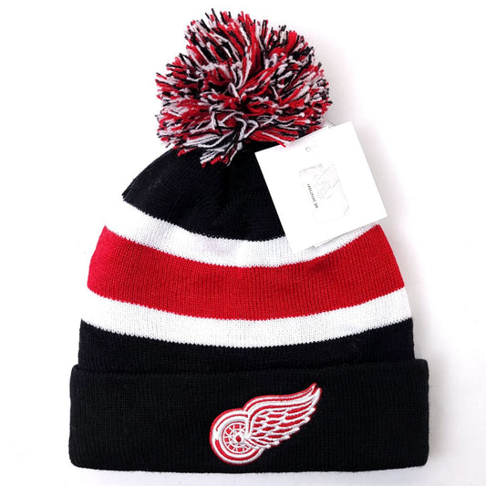 Detroit Red Wings Pom Knit Toque - BA Black with & White Stripe - OSFA - NHL