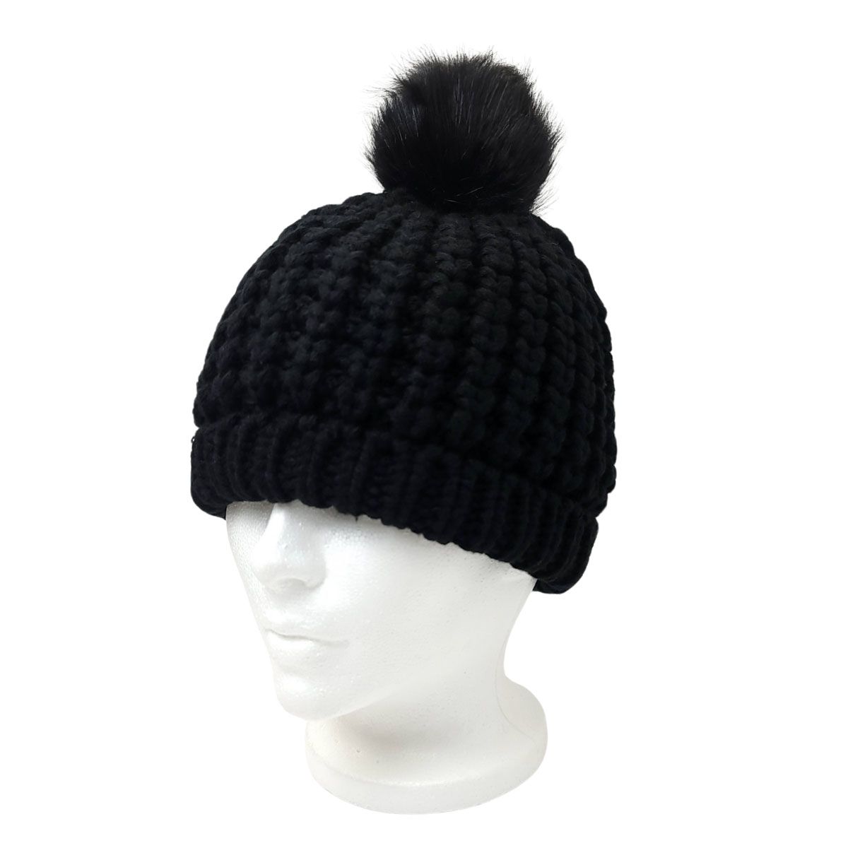 Ribbed Pom Toque - Fur Lining Black - OSFA - Fashion Knit