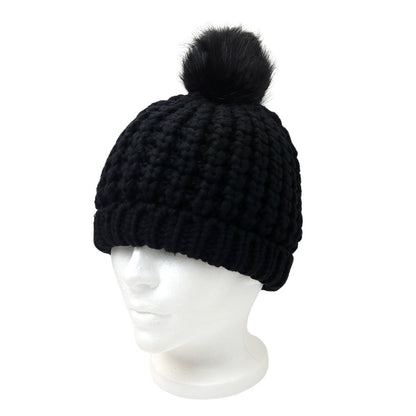 Ribbed Pom Toque - Fur Lining Black - OSFA - Fashion Knit
