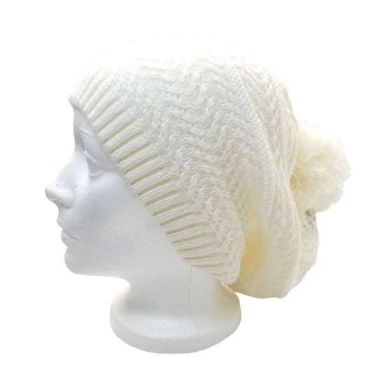 Slouchy Pom Beanie - White - OSFA - Fashion Knit
