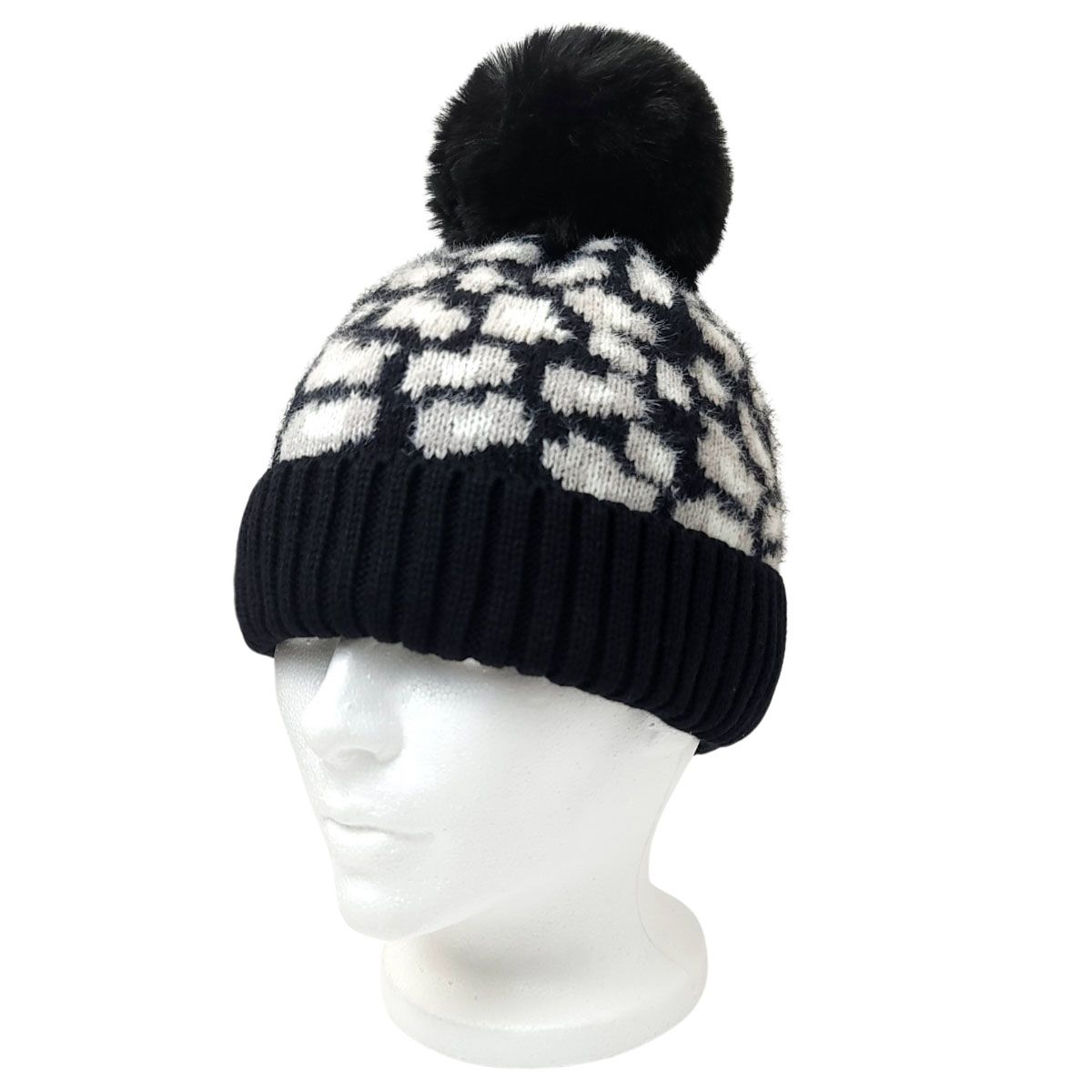 Fashion Pom Knit Toque - Black with White Leopard pattern - OSFA