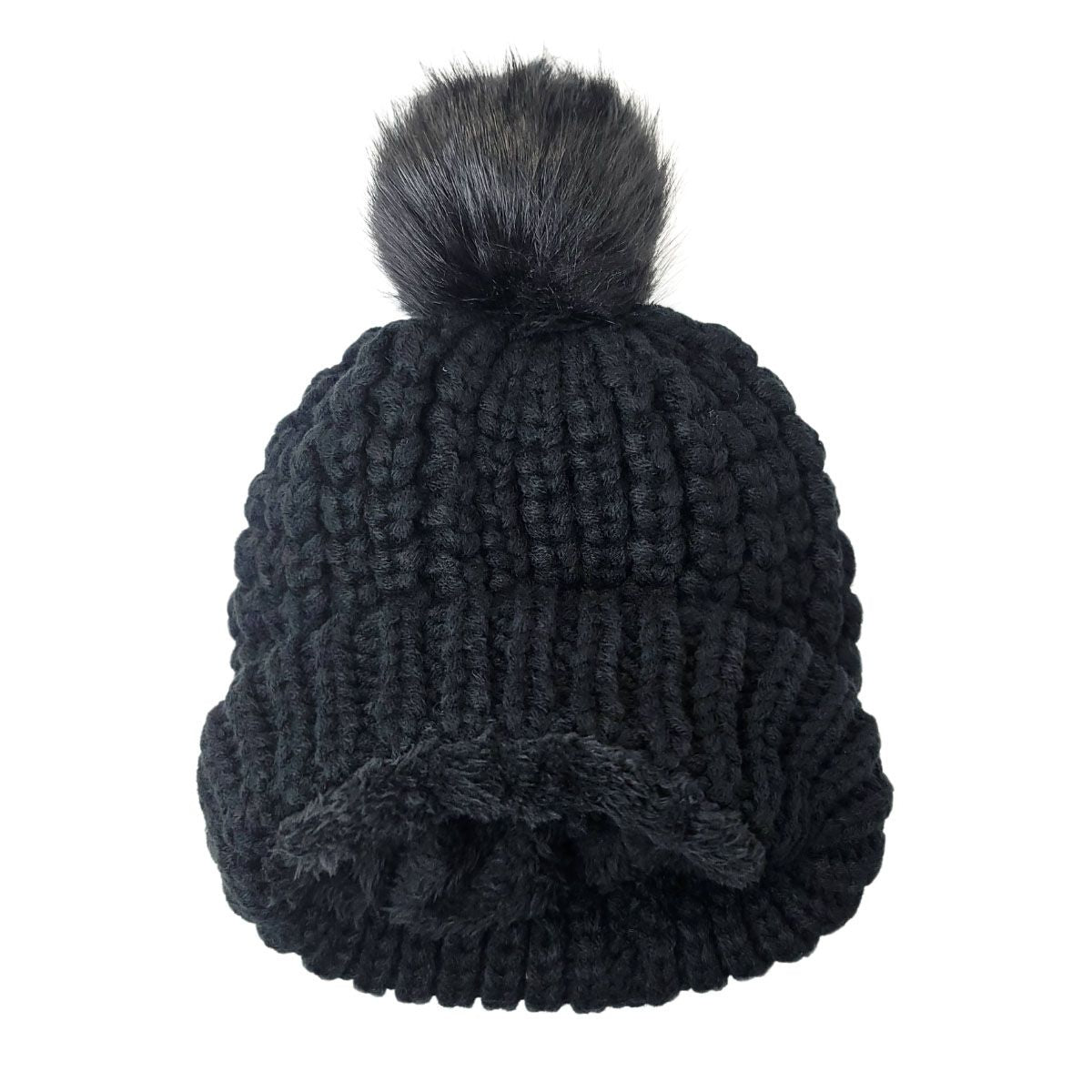 Ribbed Pom Toque - Fur Lining Black - OSFA - Fashion Knit